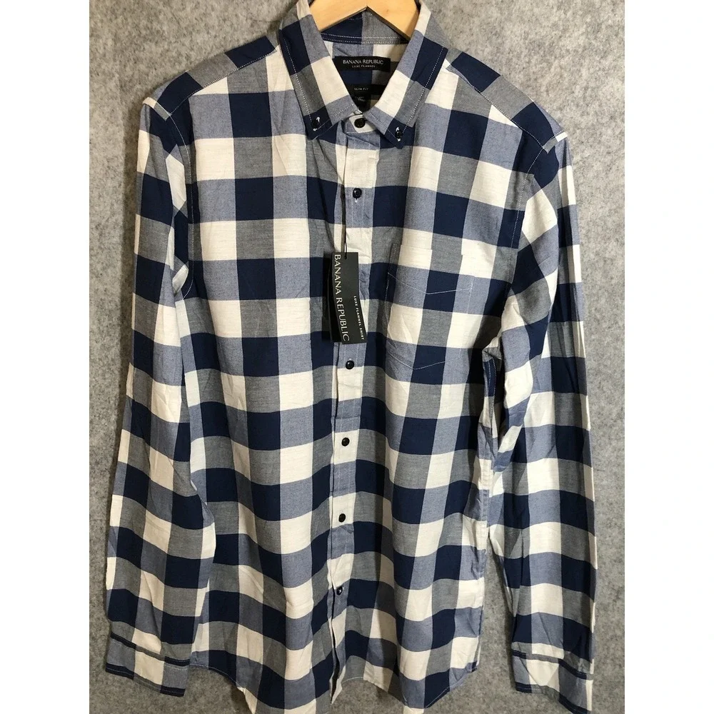 Banana Republic Shirt MT Blue Check Luxe Flannel Slim Fit New w Tags